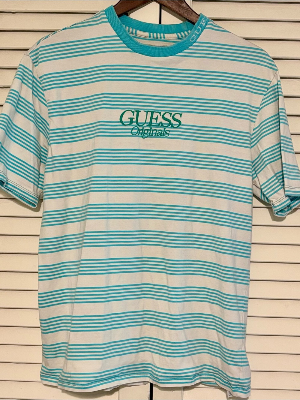 Guess White and Teal Striped Short Sleeve Tee